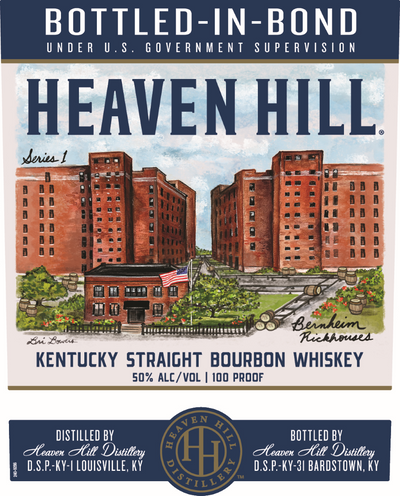 The Heaven Hill Bottled in Bond Artist Series 7 Year Bourbon label by Heaven Hill Distillery features brick buildings, green trees, and bold text with “100 Proof” and “50% Alc/Vol.” highlighted on its classic limited-edition design.