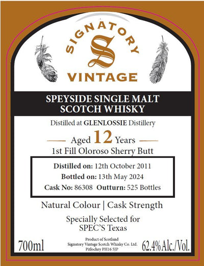 Signatory Vintage 12 Year Speyside Single Malt Scotch Whisky Glenlossie Distillery - Main Street Liquor