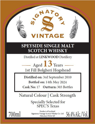 Signatory Vintage Linkwood 13 Year Old Speyside Single Malt Scotch Whisky 1st Fill Bolgheri Hogshead, Cask Strength - Main Street Liquor