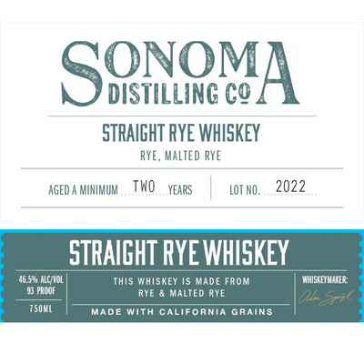 Sonoma Distilling Straight Rye Whiskey - Main Street Liquor