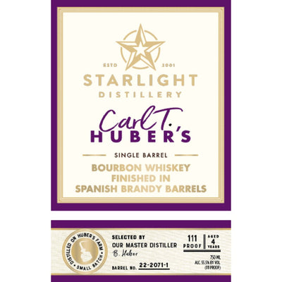 Starlight Carl T. Huber's Bourbon Finished in Spanish Brandy Barrels - Main Street Liquor