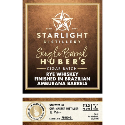 Starlight Huber’s Cigar Batch Rye Finished In Brazilian Amburana Barrels - Main Street Liquor