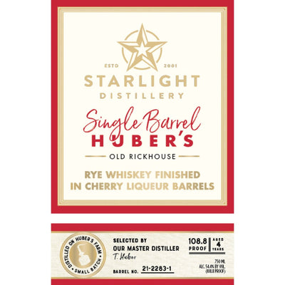 Starlight Huber’s Rye Finished in Cherry Liqueur Barrels - Main Street Liquor