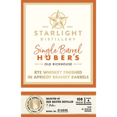 Starlight Rye Whiskey Finished in Apricot Brandy Barrels - Main Street Liquor