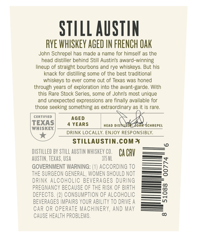 Still Austin Rare Stock Rye Whiskey Aged 4 Years in French Oak 375ml - Main Street Liquor