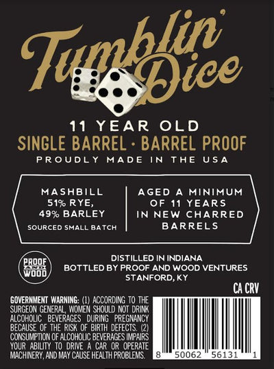 Tumblin' Dice 11 Year Old Straight Rye Whiskey - Main Street Liquor