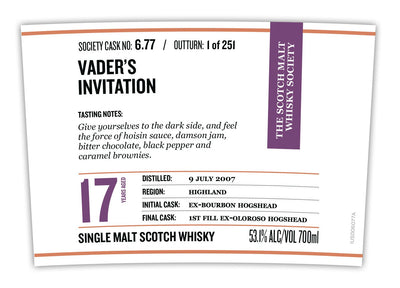 Vader’s Invitation 17 Year Old Single Malt Scotch Whisky - Main Street Liquor